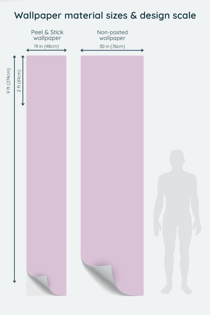 Size comparison of Pastel Aesthetic Lilac Solid color Peel & Stick and Non-pasted wallpapers with design scale relative to human figure