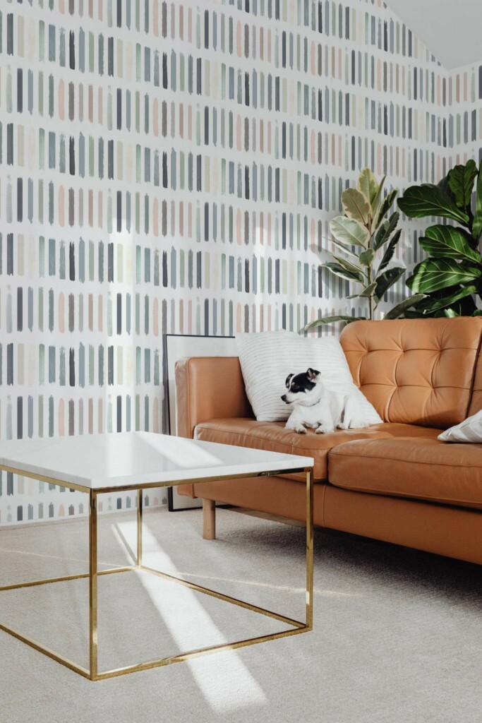 Mid-century modern style living room with dog on a sofa decorated with Pastel Brush stroke peel and stick wallpaper