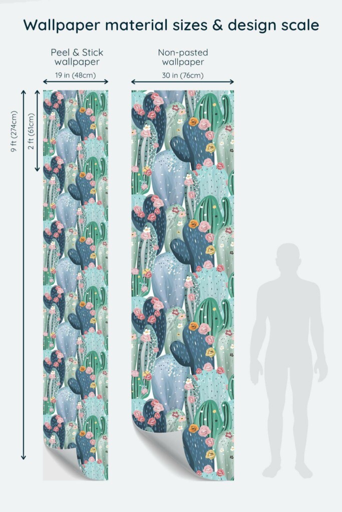 Size comparison of Pastel cactus Peel & Stick and Non-pasted wallpapers with design scale relative to human figure