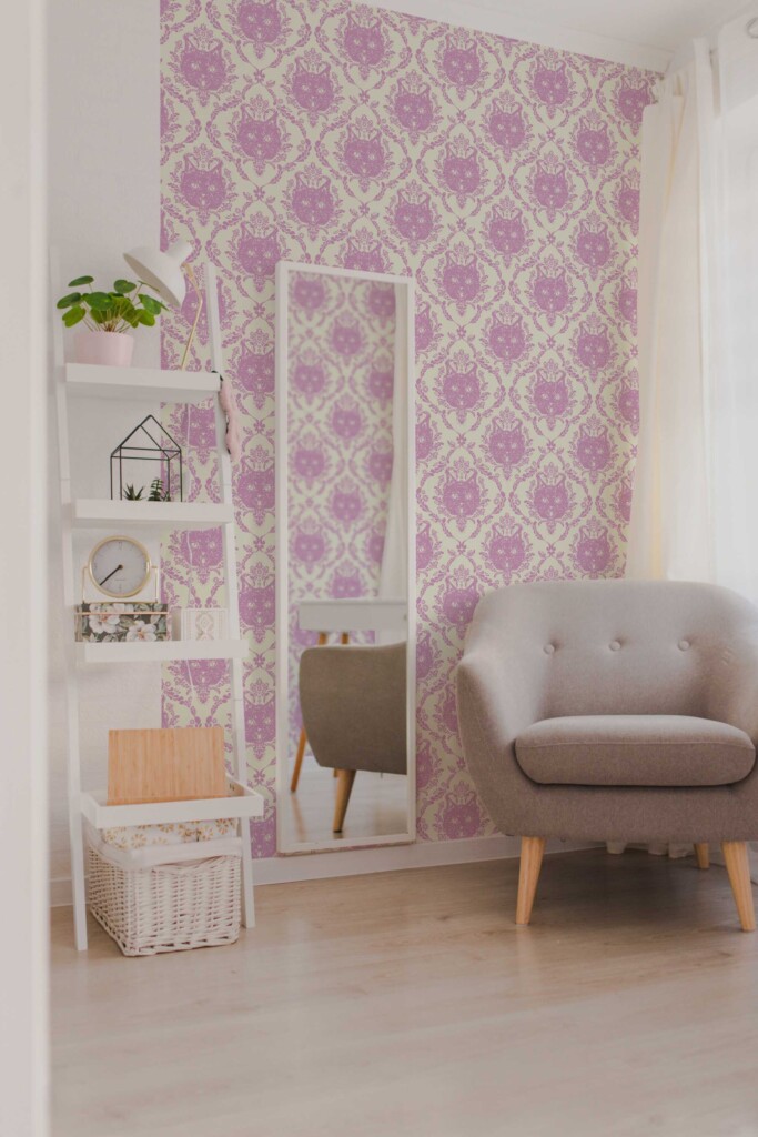 Fancy Walls whimsical pink cats removable wallpaper. Baroque Cat Elegance wallpaper in powder or rest room