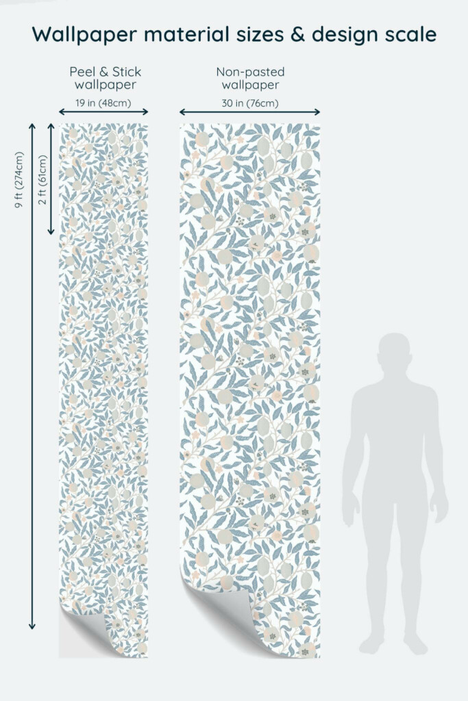 Size comparison of Pastel citrus Peel & Stick and Non-pasted wallpapers with design scale relative to human figure