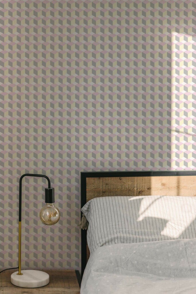Minimal modern style bedroom decorated with Pastel cube peel and stick wallpaper