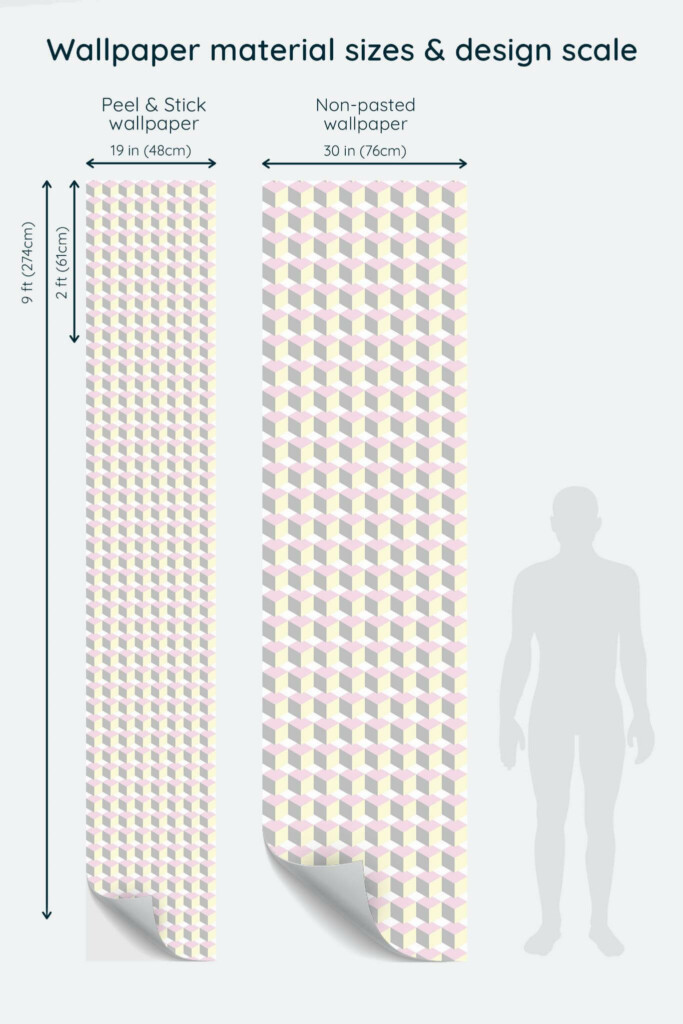 Size comparison of Pastel cube Peel & Stick and Non-pasted wallpapers with design scale relative to human figure