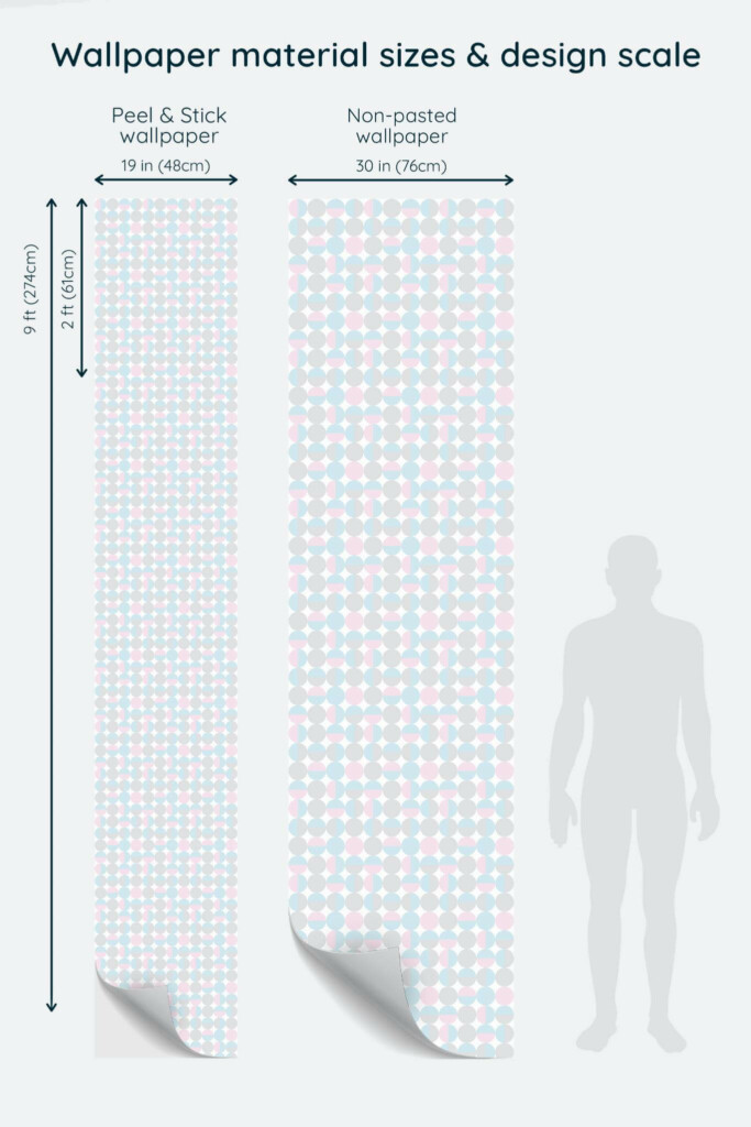 Size comparison of Pastel dots Peel & Stick and Non-pasted wallpapers with design scale relative to human figure