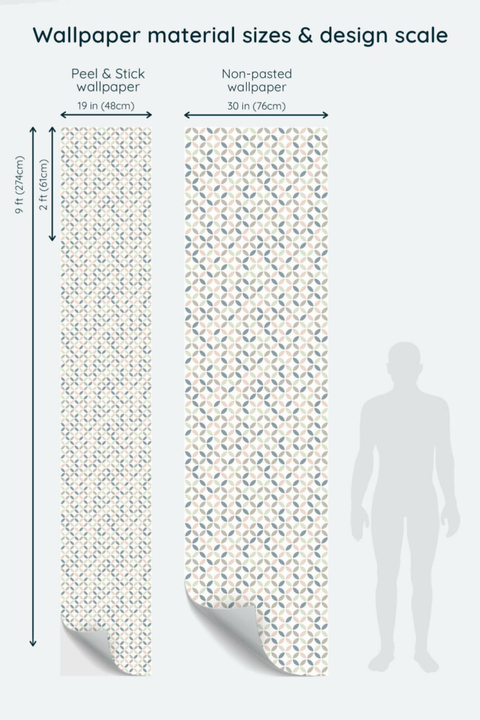 Size comparison of Pastel geometric circles Peel & Stick and Non-pasted wallpapers with design scale relative to human figure