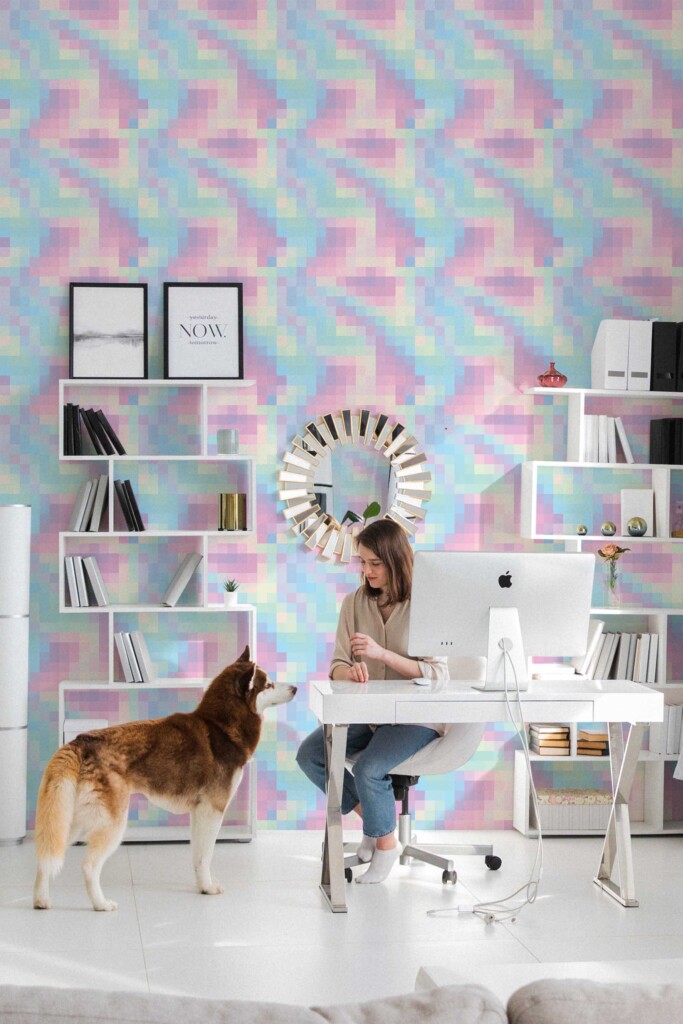 Pastel Pixel peel and stick or non-pasted wallpaper. Fancy Walls abstract pixelated gradient wallpaper for office and game room in pastel colors - self-adhesive or traditional wallpaper