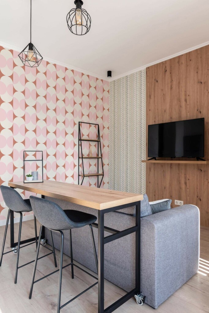 Scandinavian style open living room decorated with Pastel Geometric retro peel and stick wallpaper