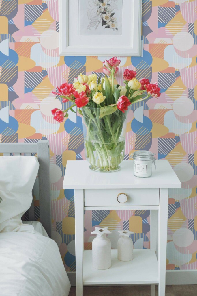 Farmhouse style bedroom decorated with Pastel geometric shapes peel and stick wallpaper