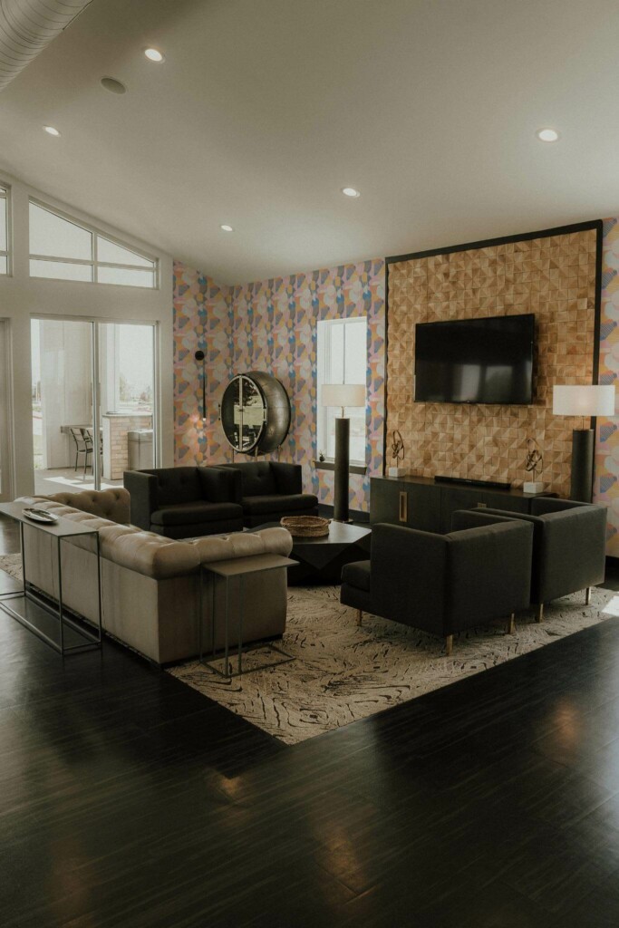 Hollywood glam style living room decorated with Pastel geometric shapes peel and stick wallpaper