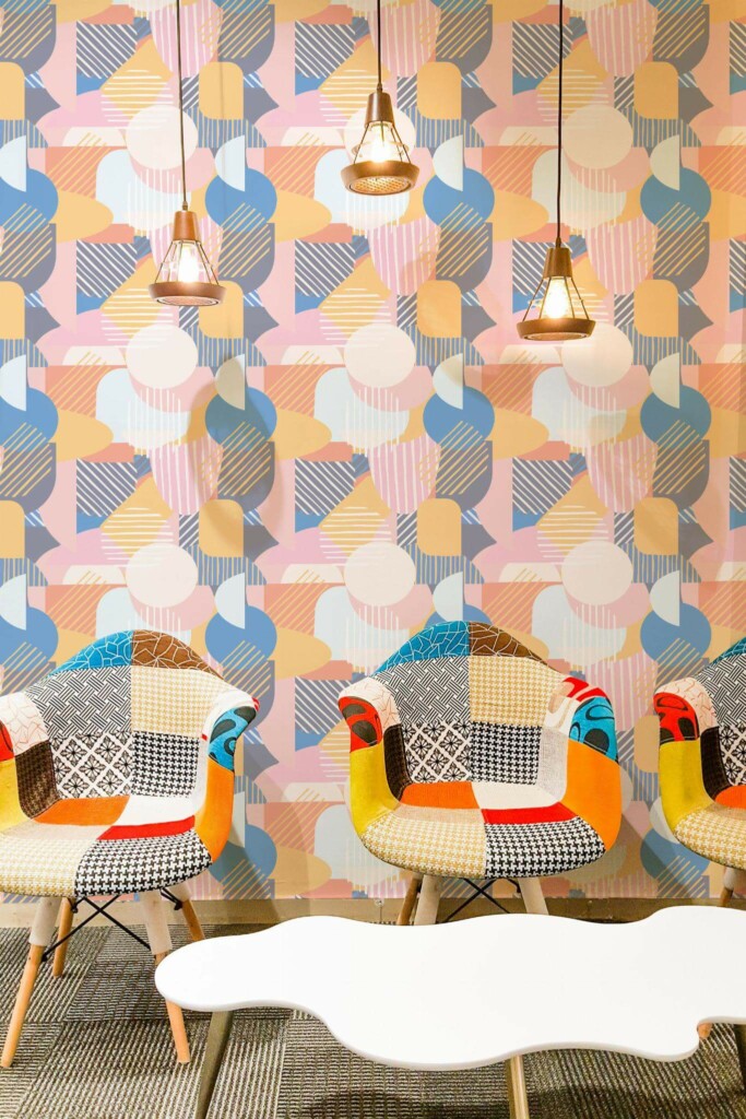 Mid-century modern style living room decorated with Pastel geometric shapes peel and stick wallpaper
