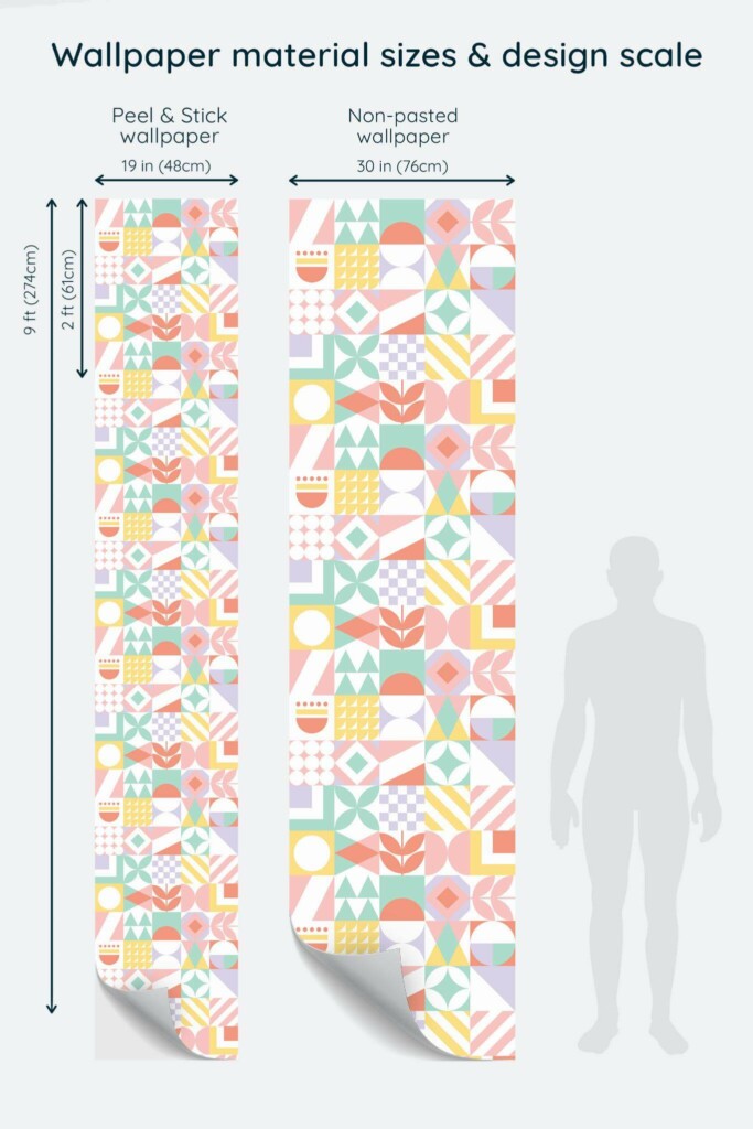 Size comparison of Pastel geometric Peel & Stick and Non-pasted wallpapers with design scale relative to human figure