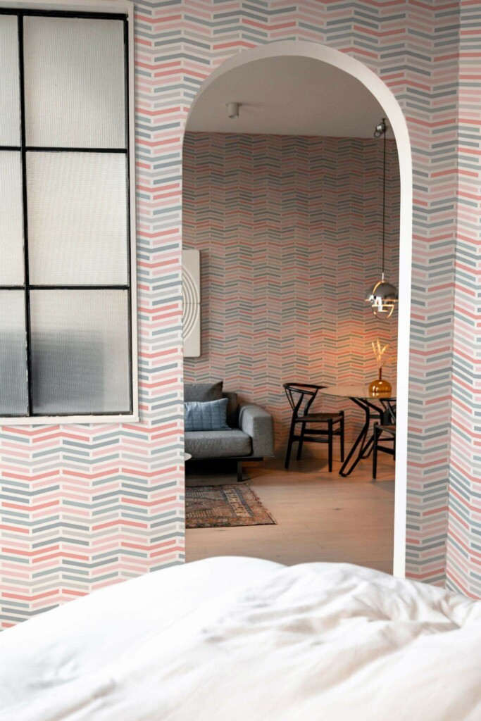 Modern scandinavian style living room decorated with Pastel herringbone peel and stick wallpaper