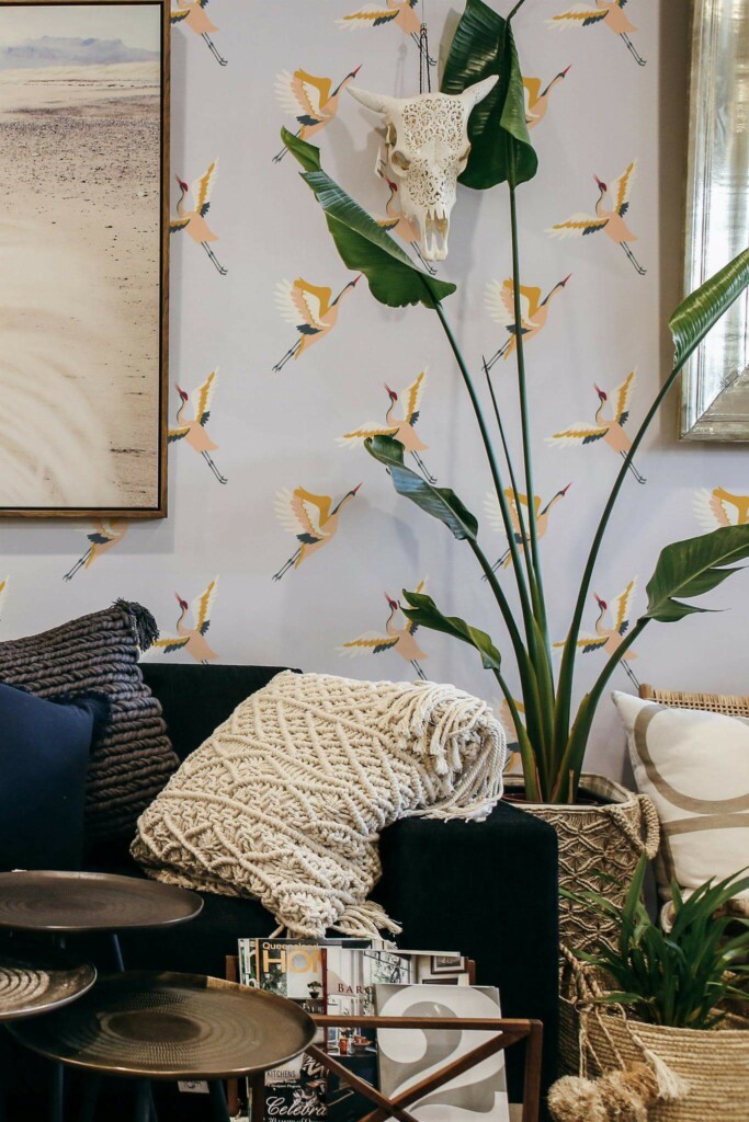 Scandinavian style living room decorated with Pastel Japanese crane peel and stick wallpaper