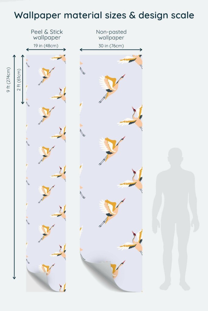 Size comparison of Pastel Japanese crane Peel & Stick and Non-pasted wallpapers with design scale relative to human figure