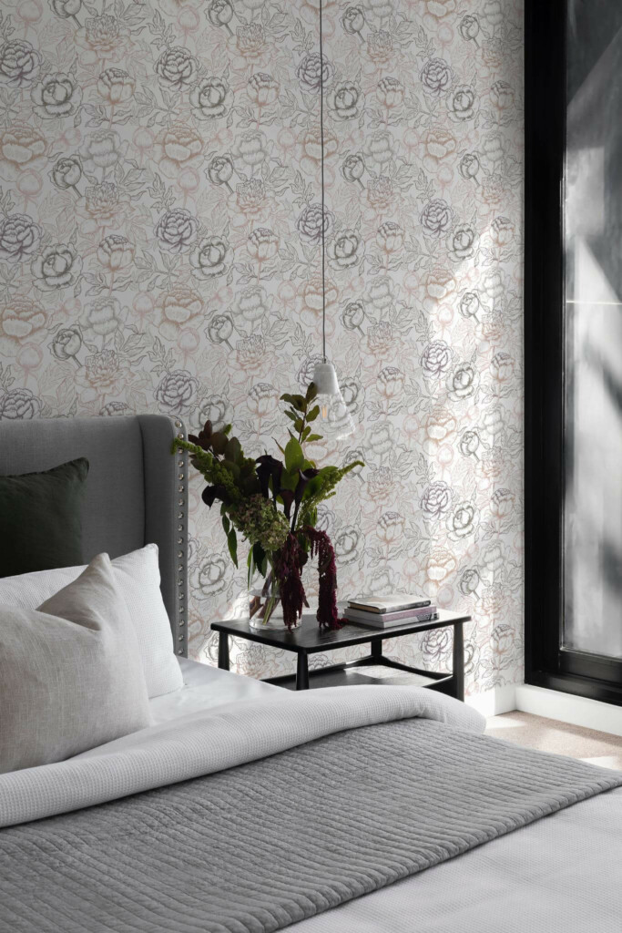 Scandinavian style bedroom decorated with Pastel peony peel and stick wallpaper