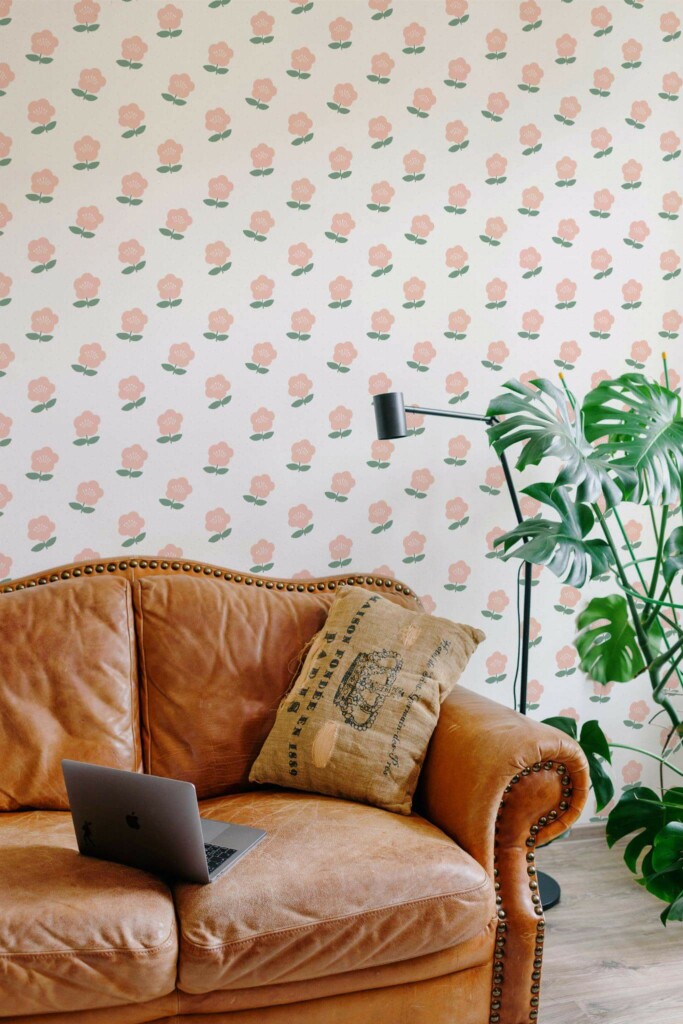 Mid-century modern style living room decorated with Pastel pink floral peel and stick wallpaper