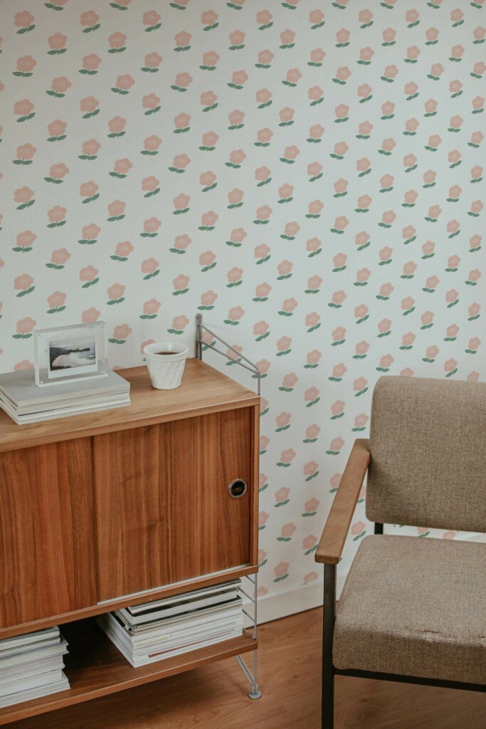 Mid-century style living room decorated with Pastel pink floral peel and stick wallpaper