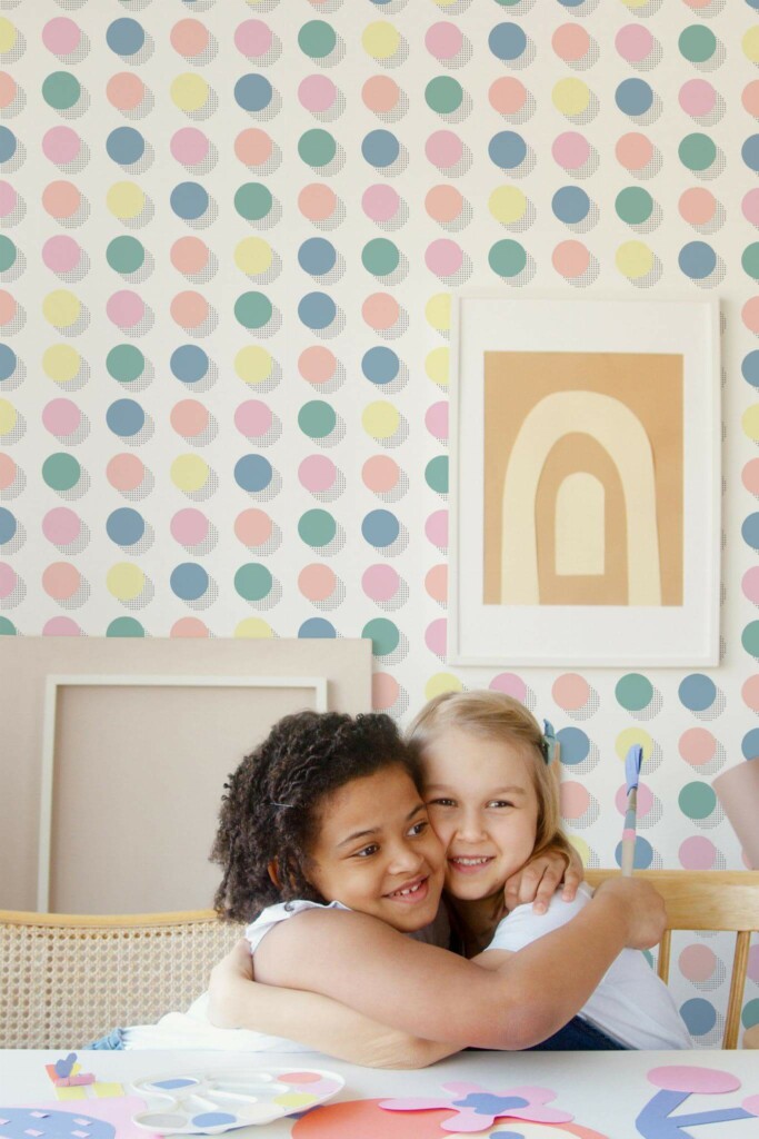 Boho style kids playroom decorated with Pastel polka dots peel and stick wallpaper
