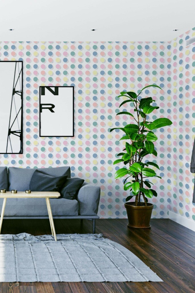 Modern scandinavian style living room decorated with Pastel polka dots peel and stick wallpaper