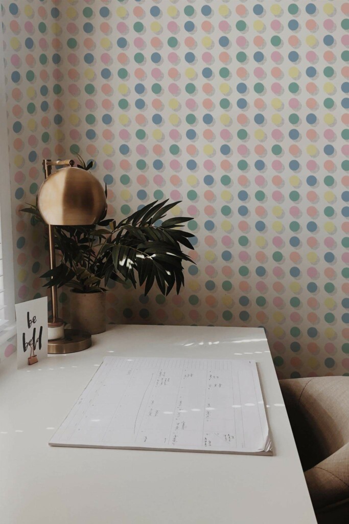 Rustic style home office decorated with Pastel polka dots peel and stick wallpaper