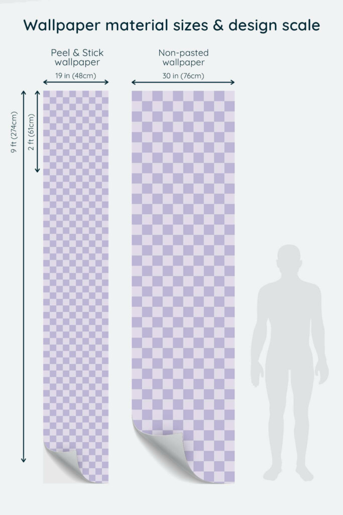Size comparison of Pastel Purple Grid Peel & Stick and Non-pasted wallpapers with design scale relative to human figure