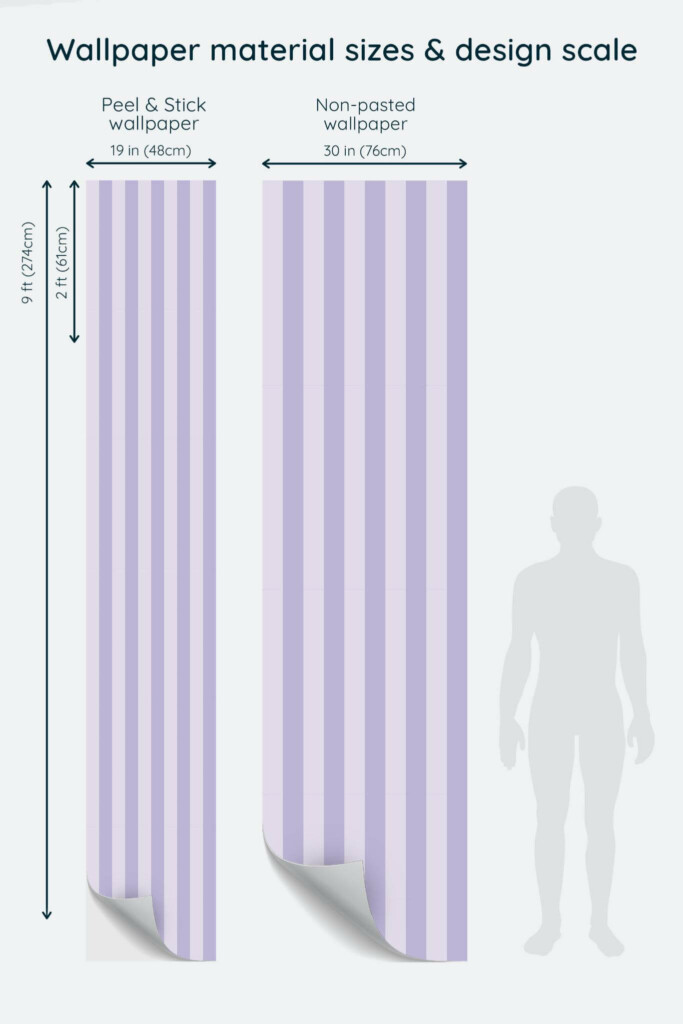 Size comparison of Pastel Purple Stripes Peel & Stick and Non-pasted wallpapers with design scale relative to human figure
