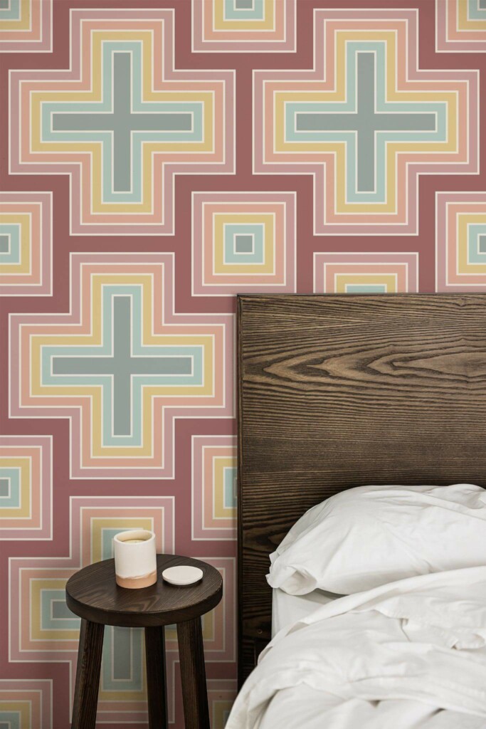 Farmhouse style bedroom decorated with Pastel retro geometric peel and stick wallpaper