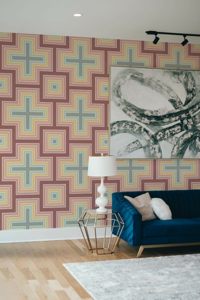 Modern style living room decorated with Pastel retro geometric peel and stick wallpaper