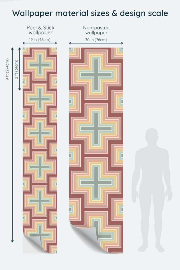 Size comparison of Pastel retro geometric Peel & Stick and Non-pasted wallpapers with design scale relative to human figure