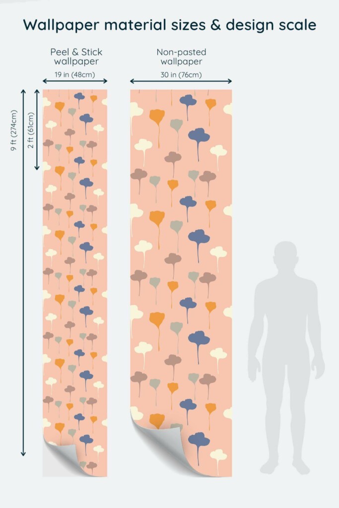 Size comparison of Pastel seamless flower Peel & Stick and Non-pasted wallpapers with design scale relative to human figure