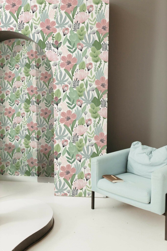 Mondern boho style living room decorated with Pastel spring peel and stick wallpaper