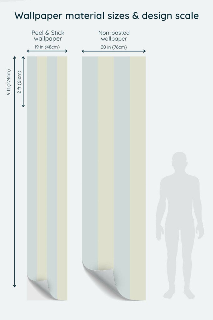 Size comparison of Pastel striped design Peel & Stick and Non-pasted wallpapers with design scale relative to human figure