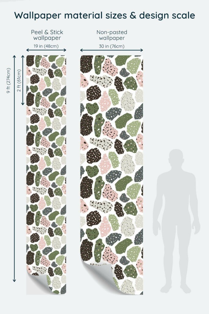 Size comparison of Pastel terrazzo Peel & Stick and Non-pasted wallpapers with design scale relative to human figure