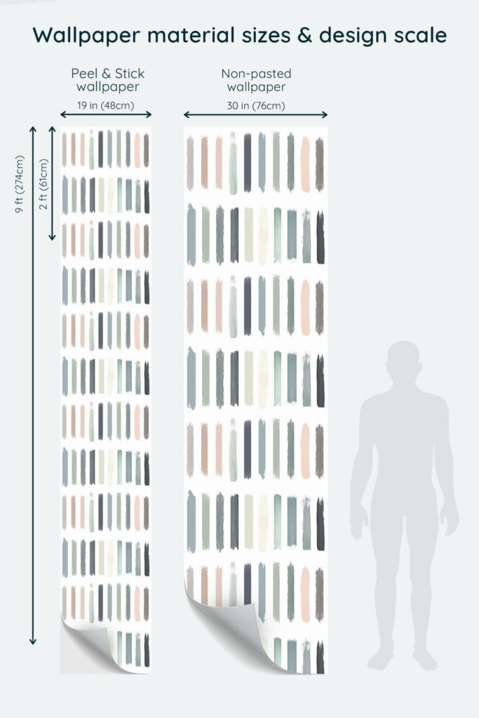 Size comparison of Pastel tones brush stroke Peel & Stick and Non-pasted wallpapers with design scale relative to human figure