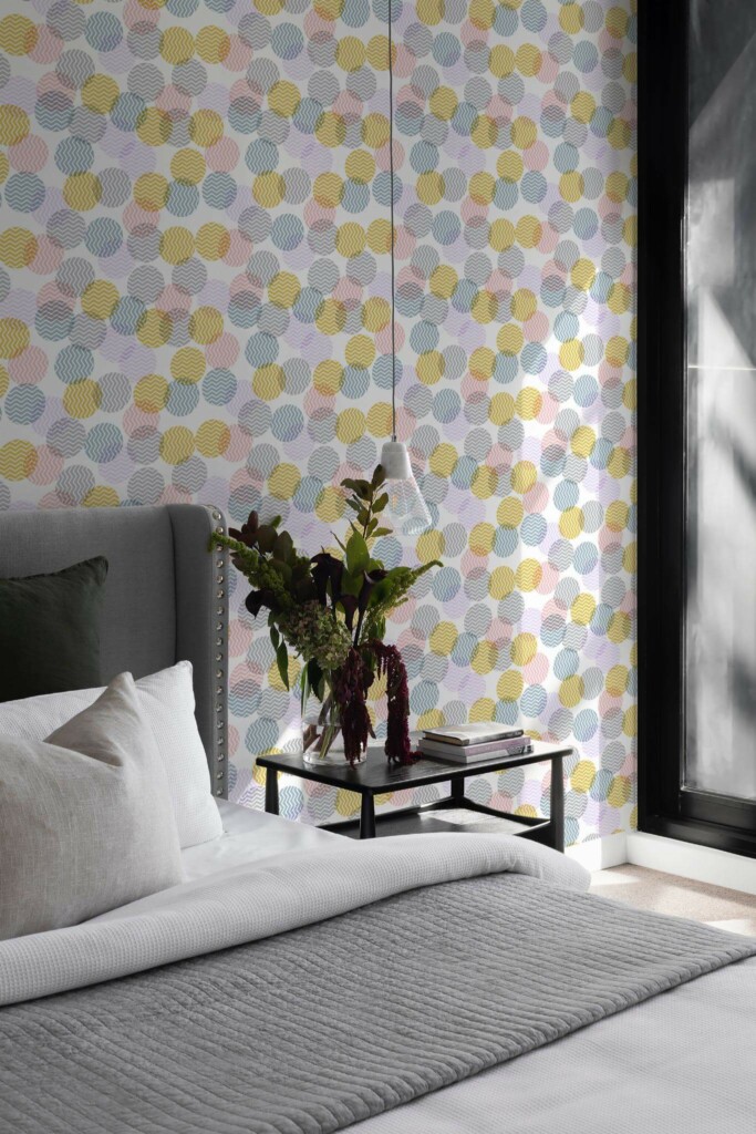 Scandinavian style bedroom decorated with Pastel zig zag polka dots peel and stick wallpaper