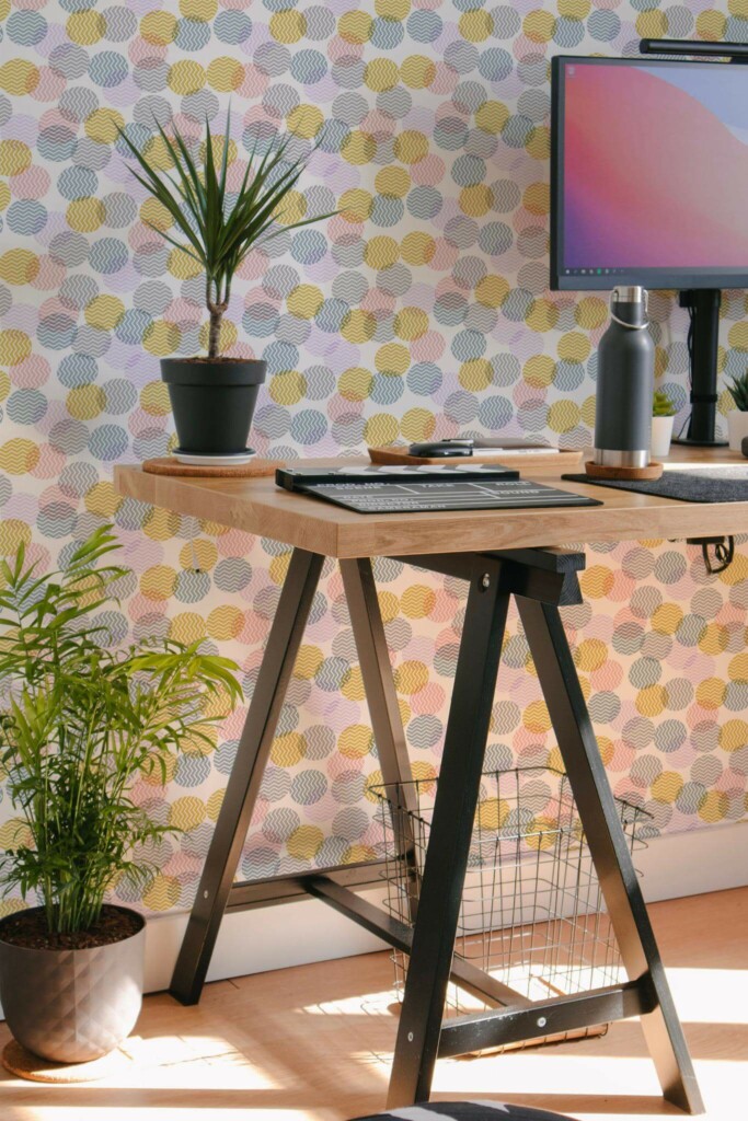 Scandinavian style home office decorated with Pastel zig zag polka dots peel and stick wallpaper