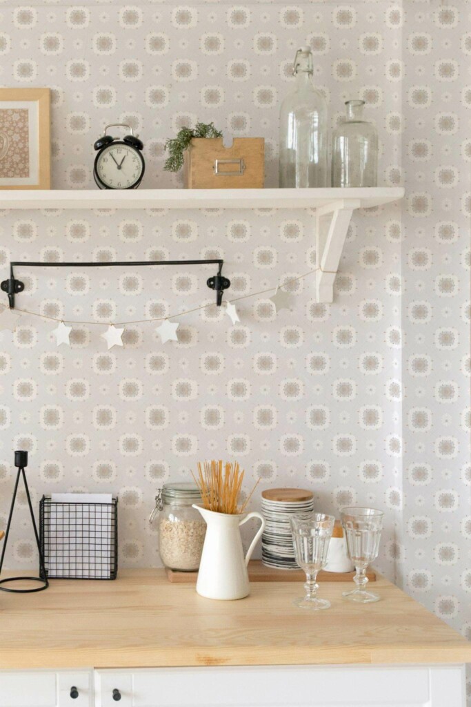 Light farmhouse style kitchen decorated with Peaceful mandala tile peel and stick wallpaper