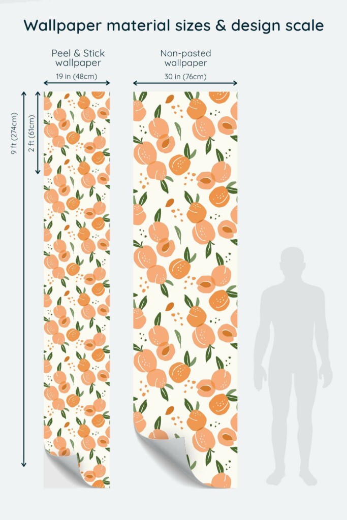 Size comparison of Peach aesthetic Peel & Stick and Non-pasted wallpapers with design scale relative to human figure