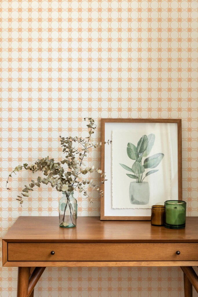 Mid-century modern style living room decorated with Peach polka dot peel and stick wallpaper