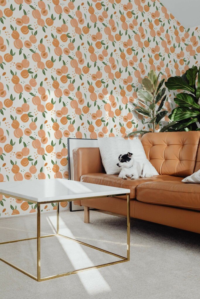 Mid-century modern style living room with dog on a sofa decorated with Peach peel and stick wallpaper