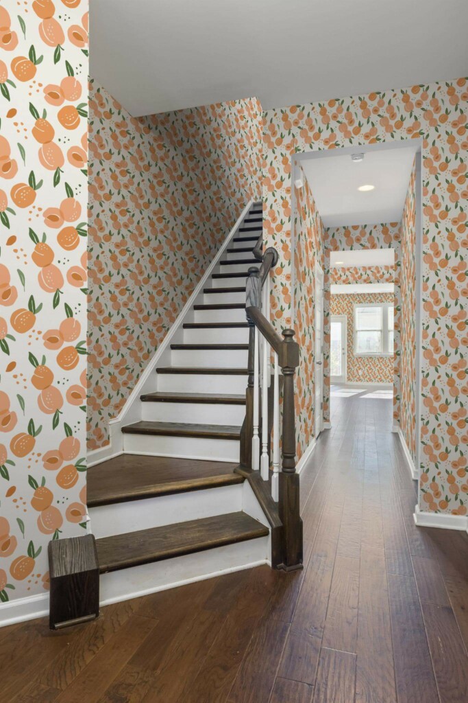 Rustic style hallway decorated with Peach peel and stick wallpaper