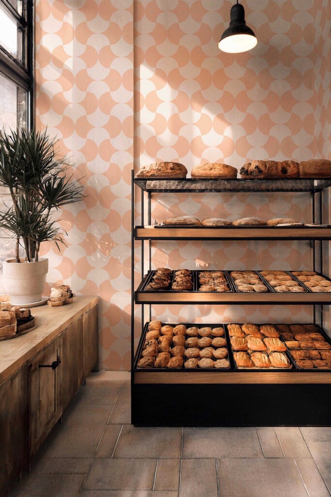 Bakery interior with fresh bread shelves placed in front of Cute Bakery Peach Tiles wallpaper. The peach geometric pattern adds warmth and nostalgic flair, enhancing the inviting ambiance of the pastry shop.