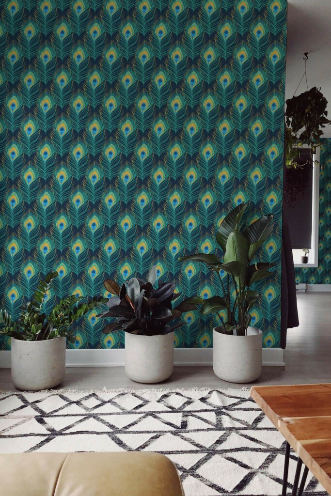 Scandinavian style living room decorated with Peacock Art deco peel and stick wallpaper