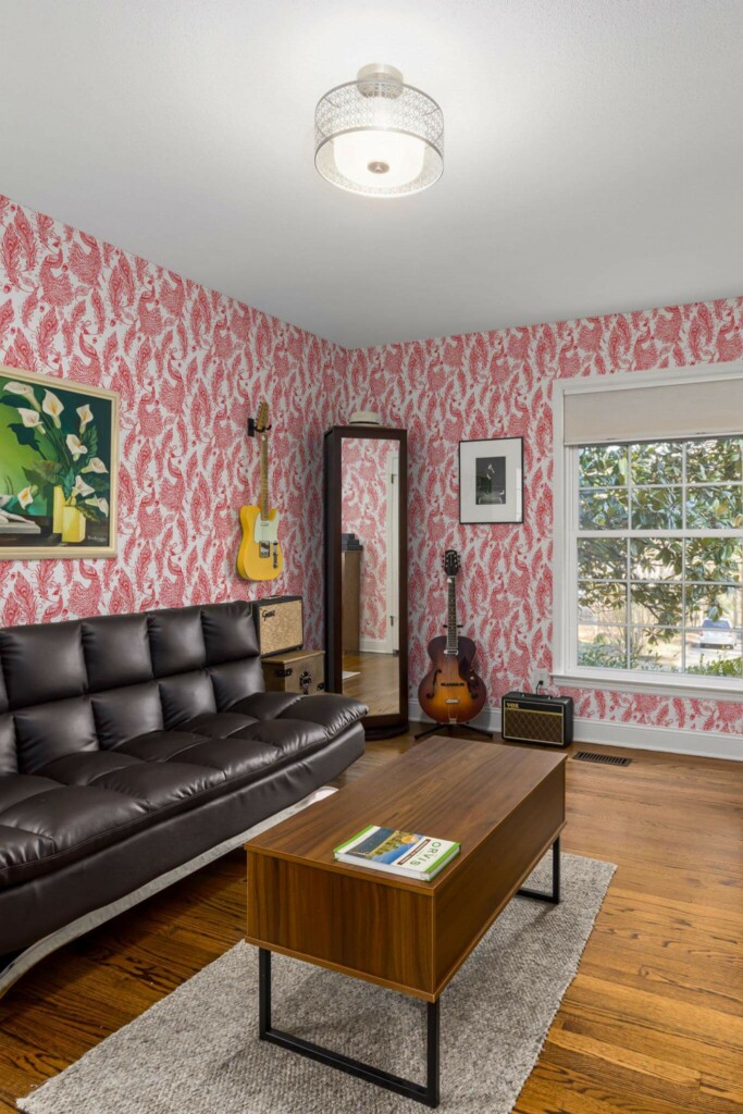 Mid-century style living room decorated with Peacock backsplash peel and stick wallpaper and music instruments