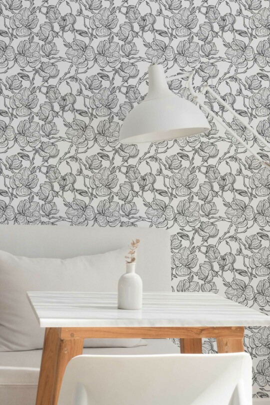Removable wallpaper with Monochrome Magnolia Whisper design, Fancy Walls