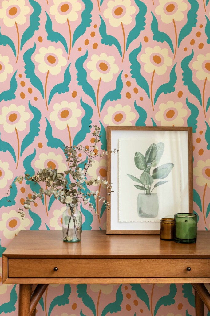 Traditional wallpaper in Pink Daisy Retro theme from Fancy Walls