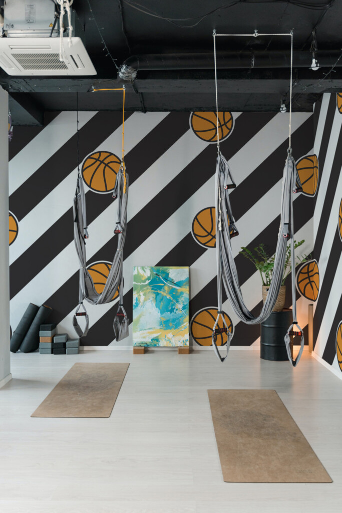 Fancy Walls removable wall mural with striped basketball pattern.