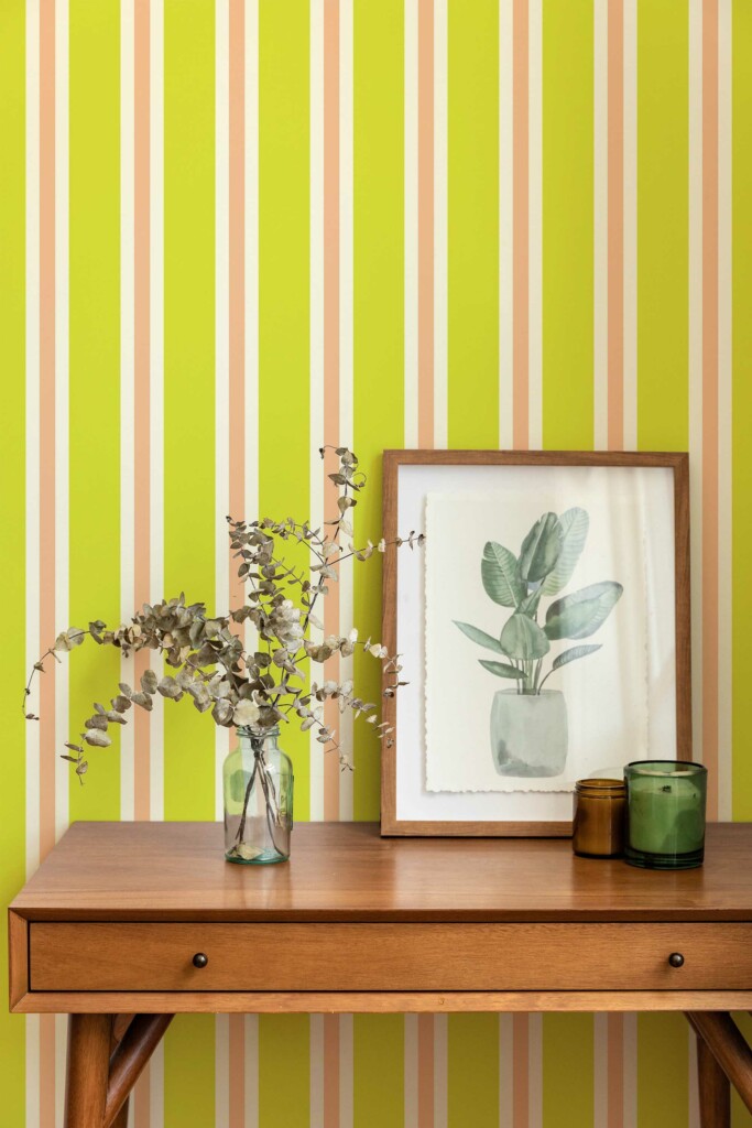 Traditional wallpaper in Chartreuse and pink stripes pattern by Fancy Walls