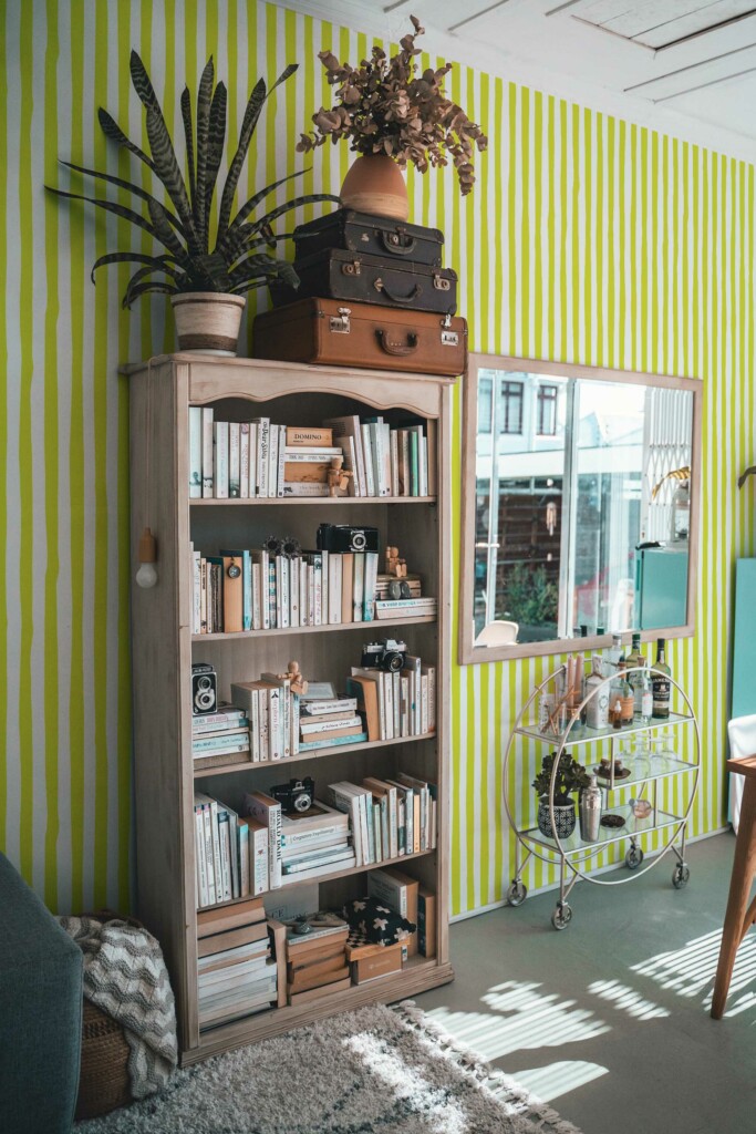 Traditional wallpaper in Chartreuse handdrawn stripes pattern by Fancy Walls