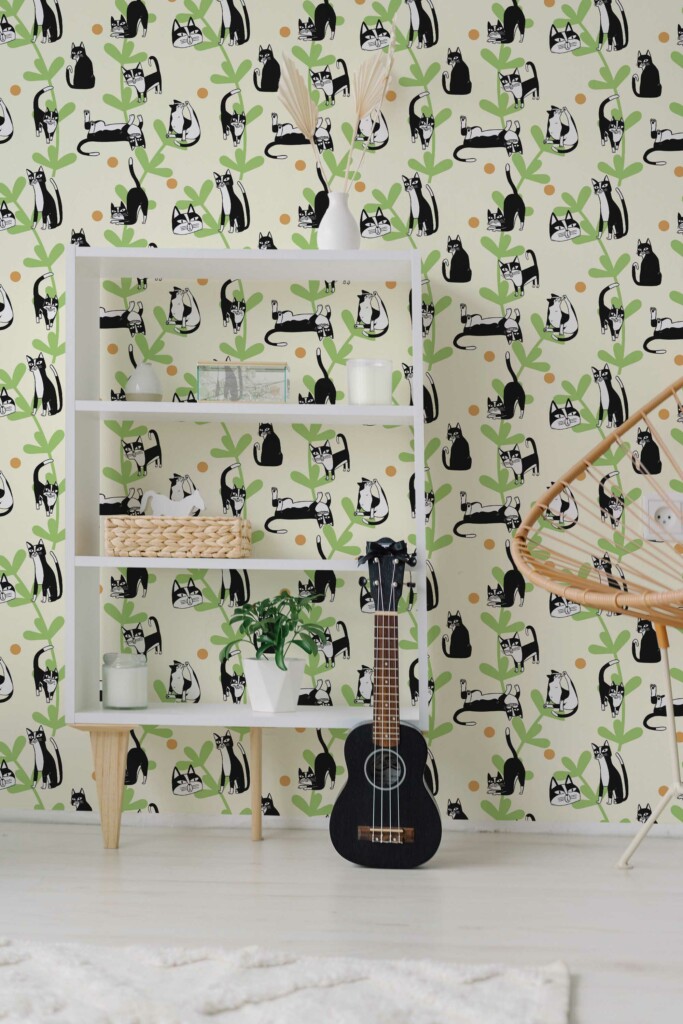 Traditional Wallpaper, Yellow Cats in Action by Fancy Walls